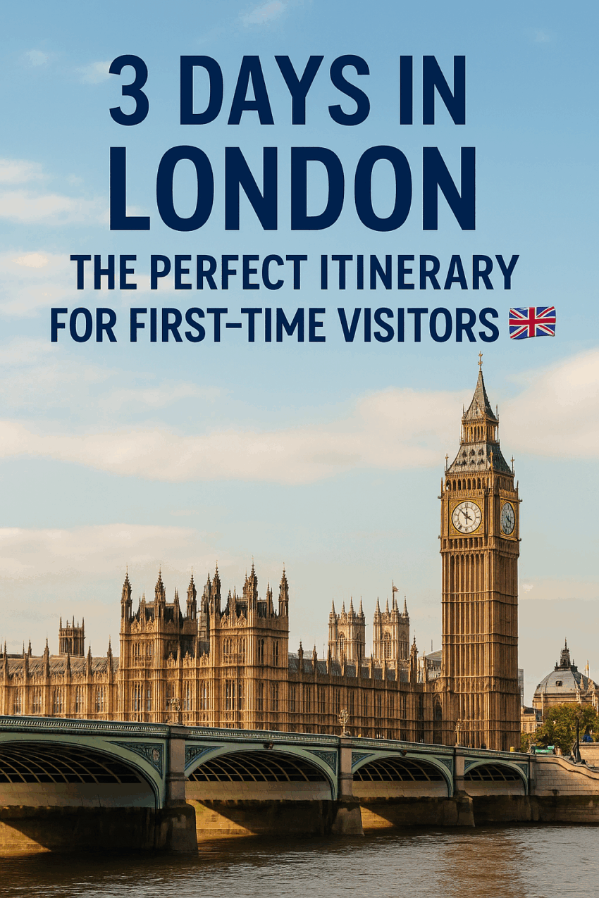 Cover image showing Big Ben and the Houses of Parliament with bold text overlay: “3 Days in London – The Perfect Itinerary for First-Time Visitors”.