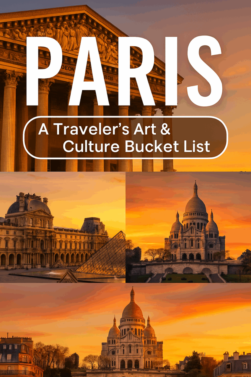 Stylized travel poster of Paris featuring the Eiffel Tower, Seine River, and classic Parisian rooftops with text: 4 Days in Paris – First-Time Itinerary Guide