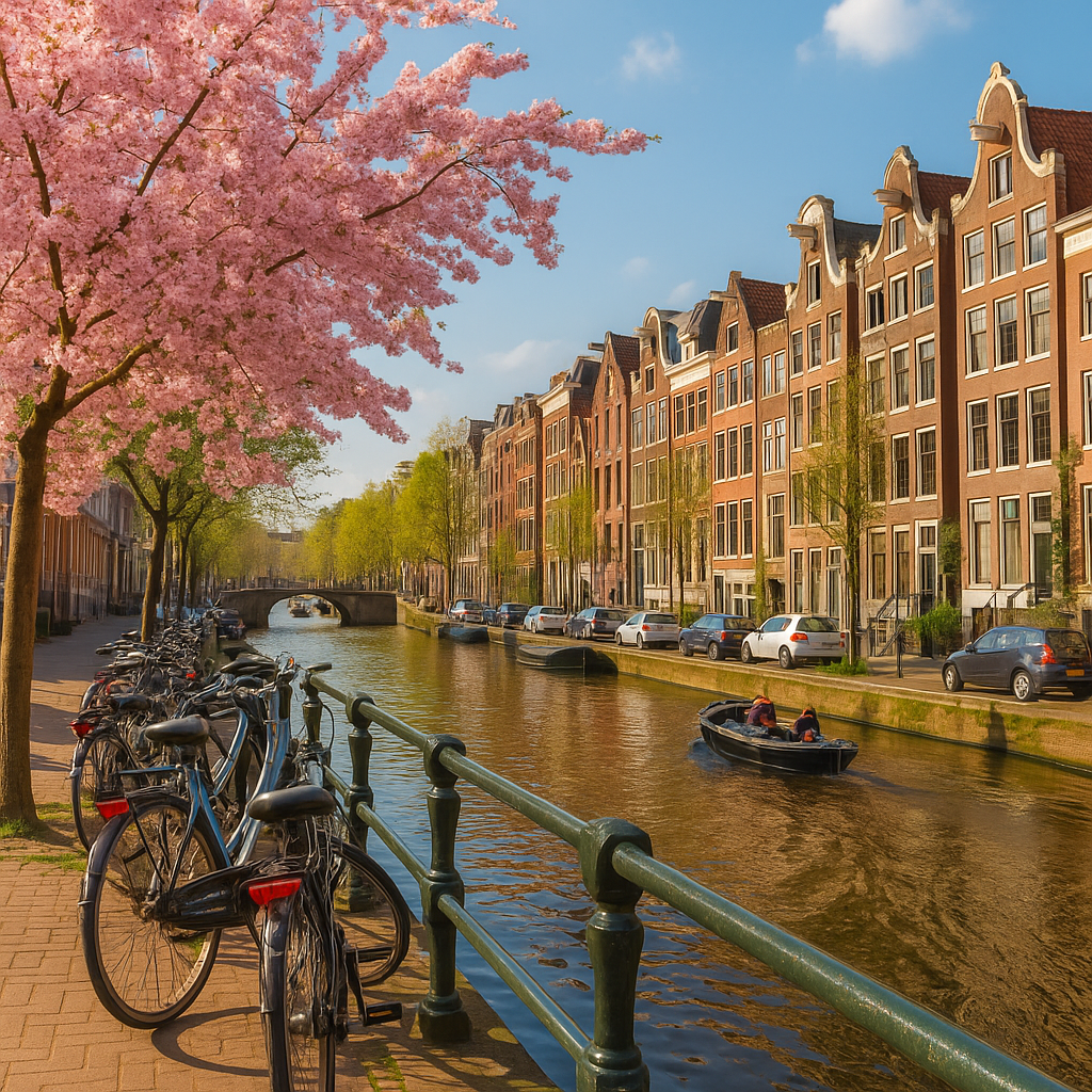 Afternoon view of a calm canal in Amsterdam surrounded by spring trees and historic buildings, capturing the peaceful and aesthetic vibe of the city in May.