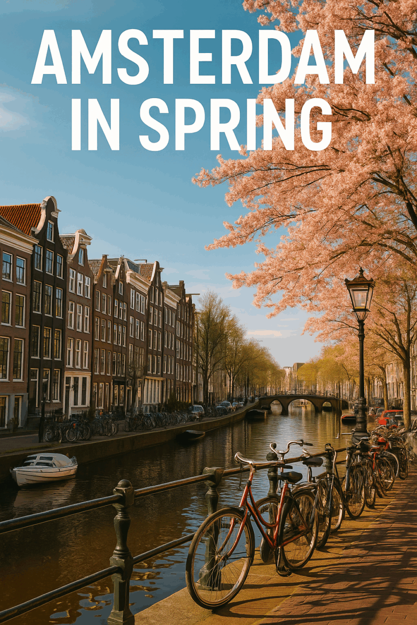 A group of bicycles parked beside a cobblestone canal street in Amsterdam, surrounded by blooming cherry blossom trees during springtime.