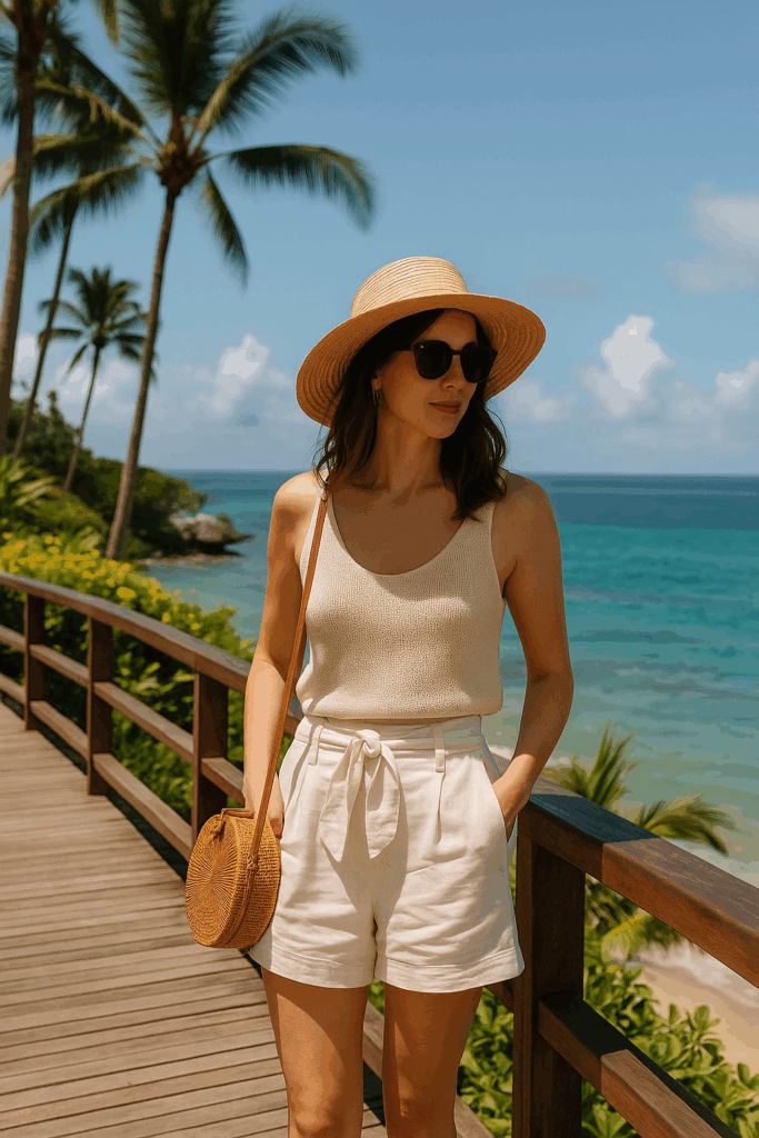 A breezy summer outfit perfect for a walk along Baliโs coast, featuring shorts, a light top, and straw accessories.