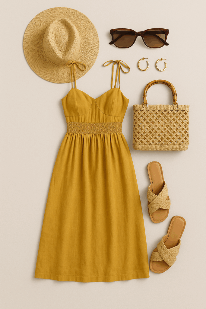 A cheerful summer outfit flatlay with a yellow dress, straw hat, and beach sandals โ perfect for sunny Bali days.