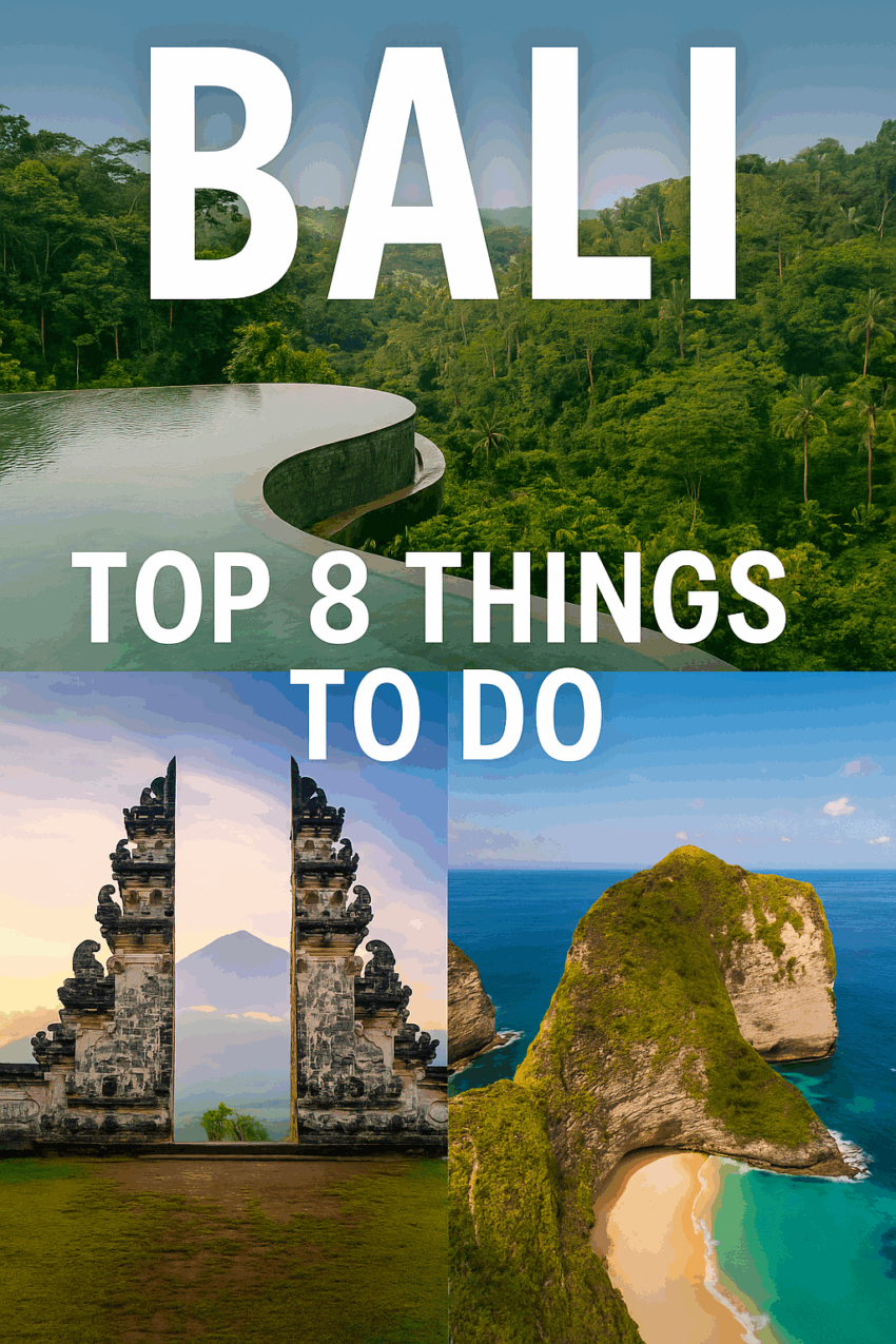 A vertical travel poster featuring Bali’s most iconic landmarks, including the Gates of Heaven, Kelingking Beach, a jungle infinity pool, and Pura Ulun Danu Bratan temple under a vibrant sunset sky.