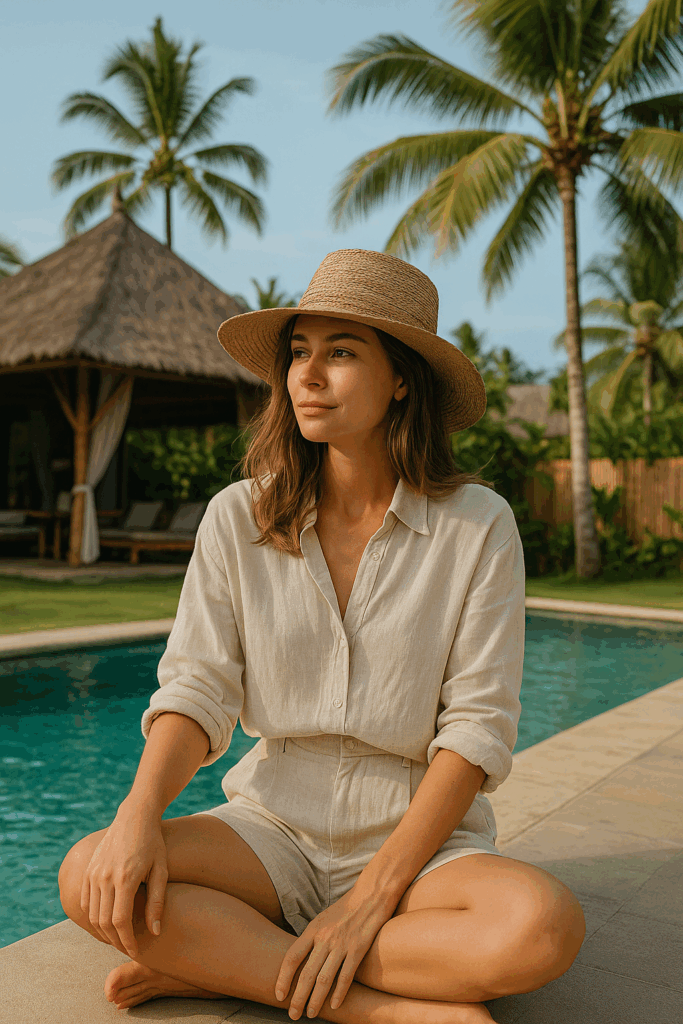 A calm moment beside the pool with a light summer dress and sunhat, ideal for tropical vacations in Bali.