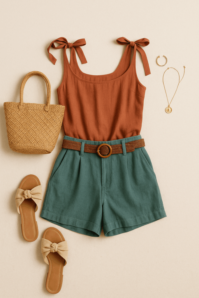 A comfy flatlay showing a casual Bali look with earthy tones โ relaxed, breathable, and stylish.