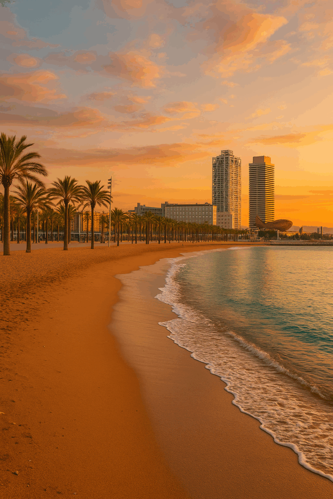 A high-resolution photograph of Barceloneta Beach in Barcelona, Spain, showing golden sand, turquoise waters, and a clear summer sky.