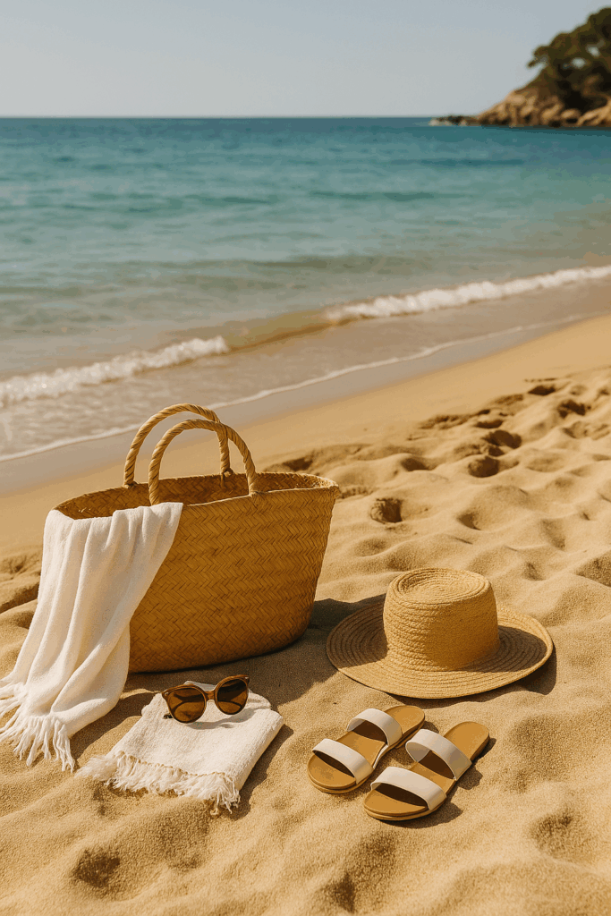 Flatlay of summer beach essentials including a straw tote bag, sunhat, sunglasses, white sandals and a towel on golden sand by the sea