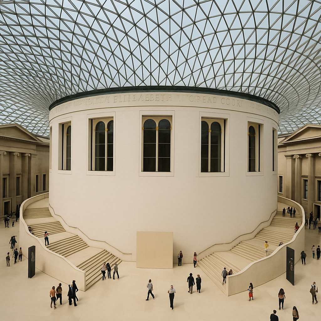 The British Museum's Great Court featuring its iconic glass roof and central reading room.