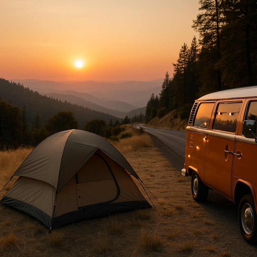 A scenic summer camping setup beside a vintage van under the pine trees, with picnic items and cozy outdoor lighting.
