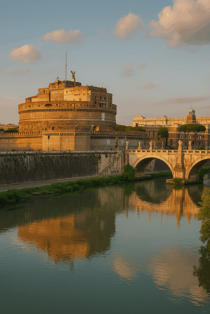 Castel Sant’Angelo in Rome reflected in the Tiber River at golden hour, with warm tones illuminating the historic stone bridge and fortress.