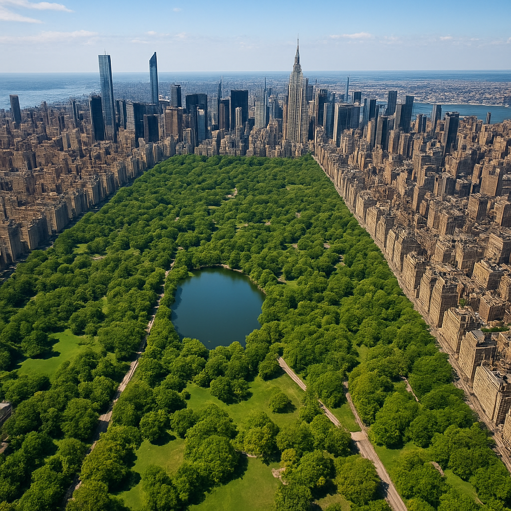 Aerial view of Central Park surrounded by skyscrapers