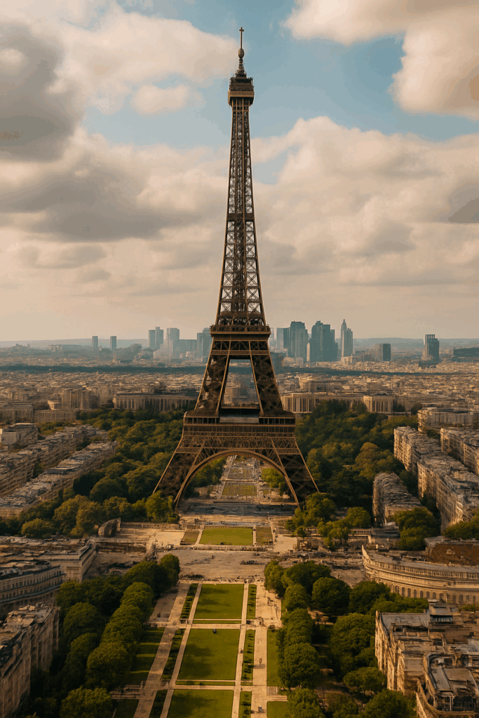 Golden hour view from the Eiffel Tower overlooking Paris rooftops