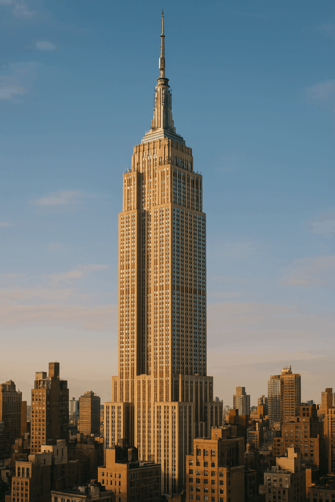 Empire State Building viewed from below on a clear day