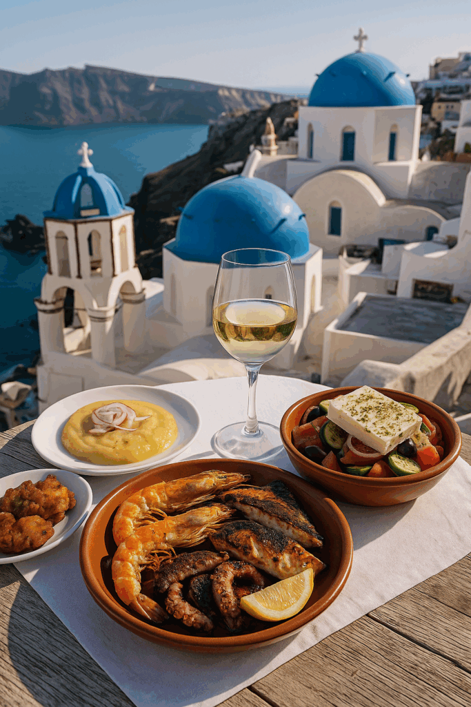 Traditional Greek dishes served outdoors in Santorini
