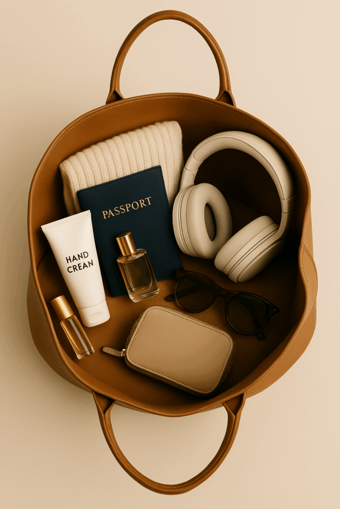 Interior view of a stylish travel bag showing organized carry-on essentials for a long flight