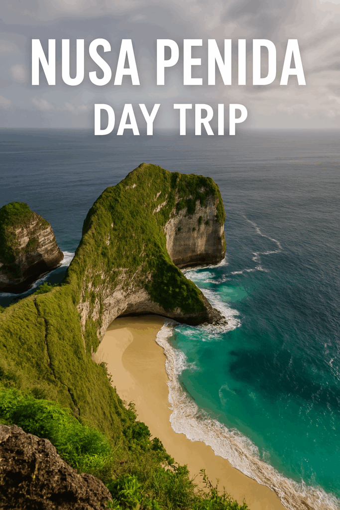 Aerial view of Kelingking Beach’s cliffside and turquoise waters on Nusa Penida Island