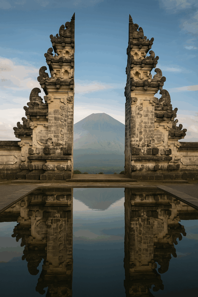 Stone gateway of Lempuyang Temple with Mount Agung in the background, Bali