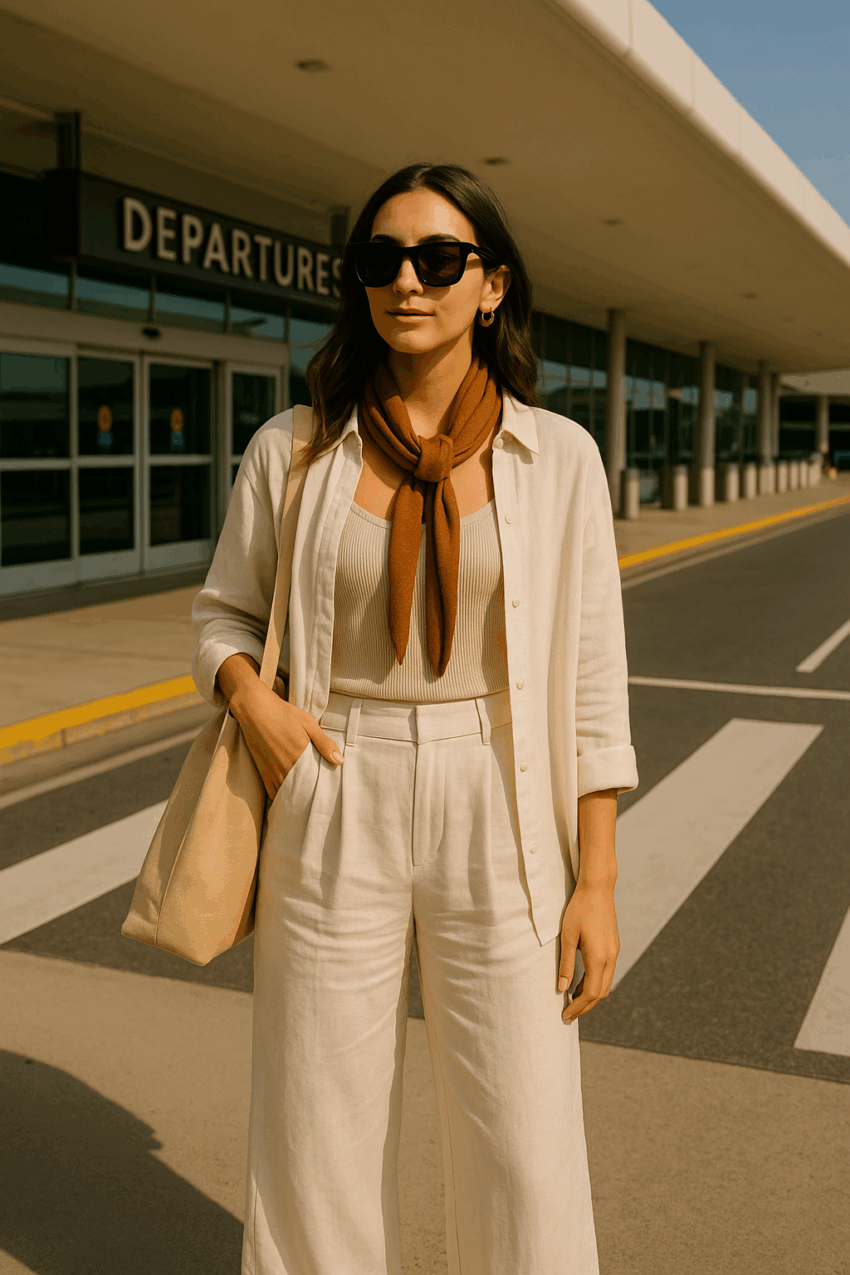 Flatlay of linen pants, cardigan and scarf for a comfortable long-haul flight outfit