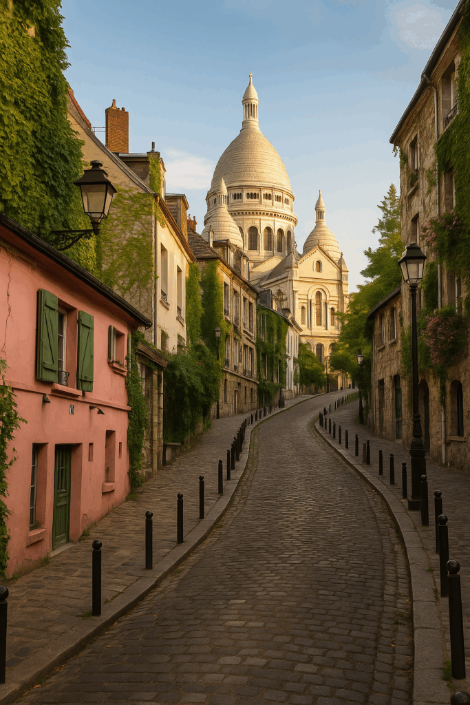 Charming cobblestone street in Montmartre lined with ivy-covered buildings