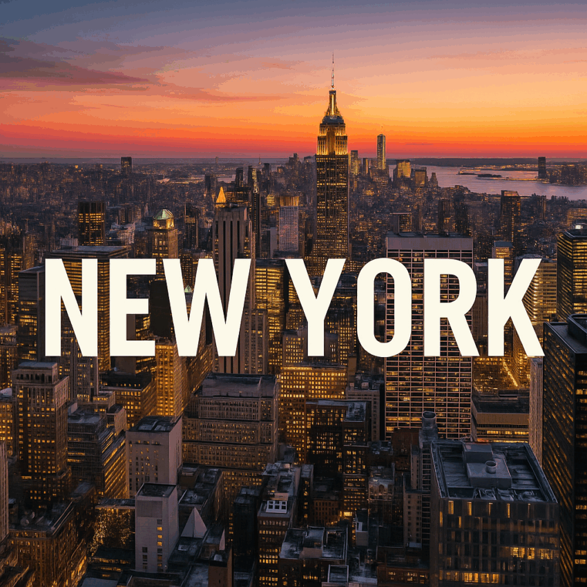 New York City skyline during sunset with bold “NEW YORK” text