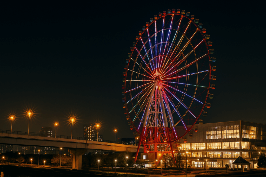 A colorful Ferris wheel glowing at night in Odaiba, Tokyo, with reflections on nearby water and the city skyline in the background, capturing the romantic and futuristic vibe of Tokyo nightlife.