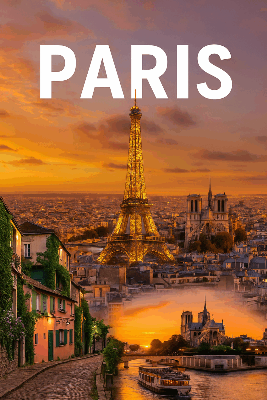 Collage of top attractions in Paris including the Eiffel Tower, Montmartre streets, and a sunset view of the Seine River