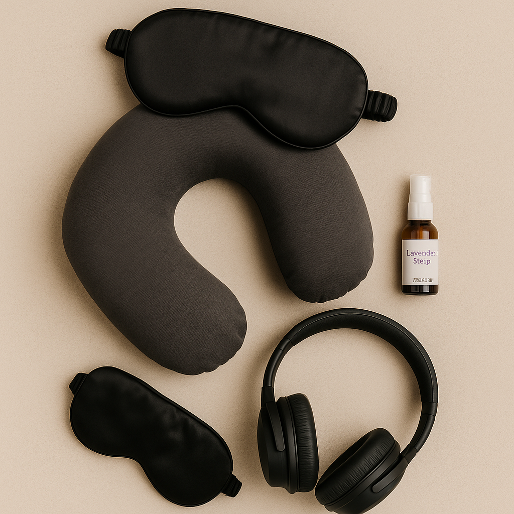 Sleep kit for long flights including silk eye mask, neck pillow, noise-cancelling headphones and lavender spray