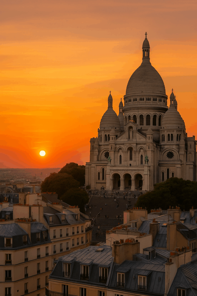 Sacre-Coeur Basilica glowing at sunset above Montmartre rooftops in Paris