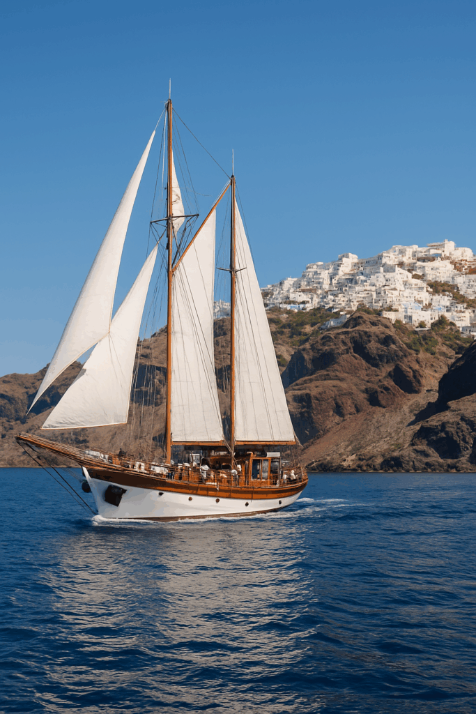 White sailboat near Santorini cliffs with blue sea