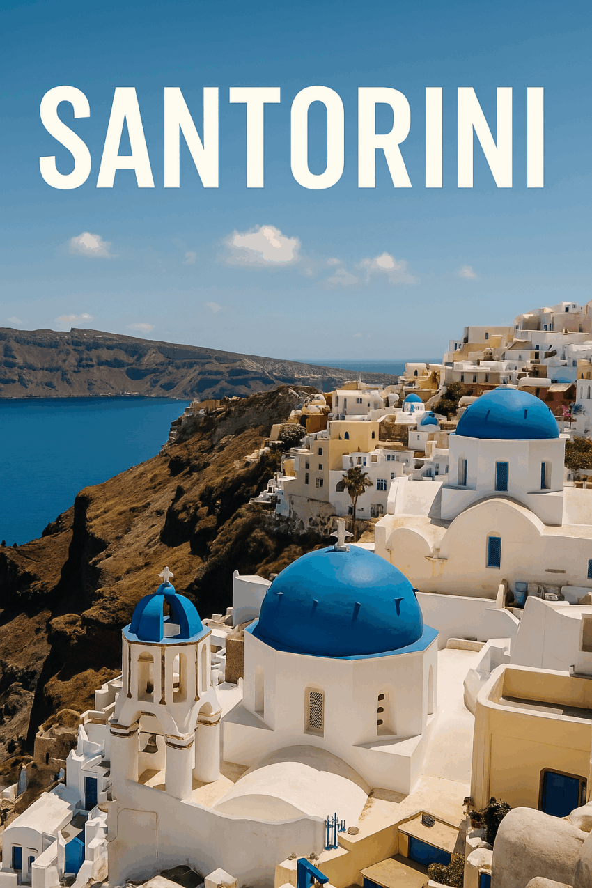 Santorini travel image with blue-domed churches and sea view