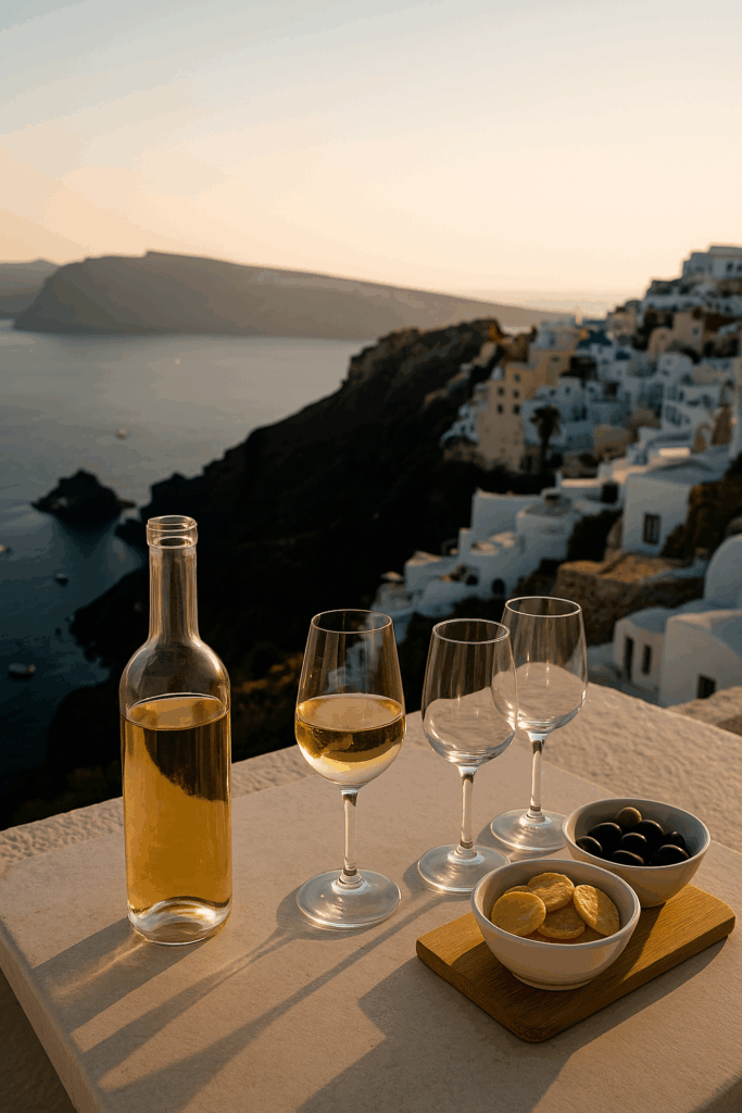 Wine tasting setup with caldera view at sunset in Santorini