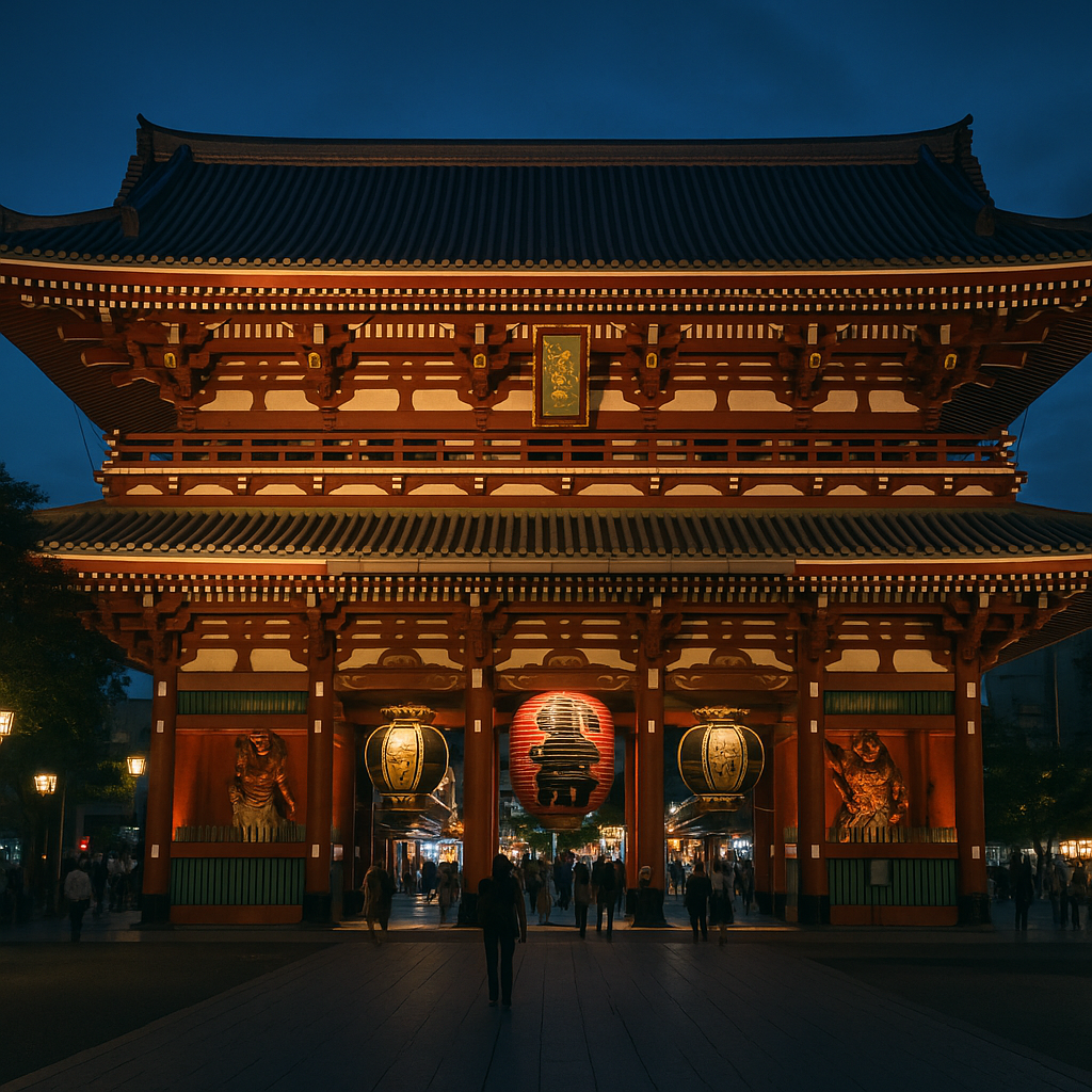 The illuminated gate of Senso-ji Temple at dusk, with red pillars and lanterns glowing, and visitors walking beneath the arch in Asakusa, Tokyo.