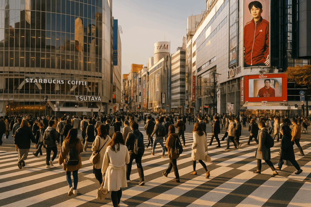 Crowds cross Shibuya Crossing in Tokyo under golden-hour light, with Starbucks and TSUTAYA buildings reflecting the sun.