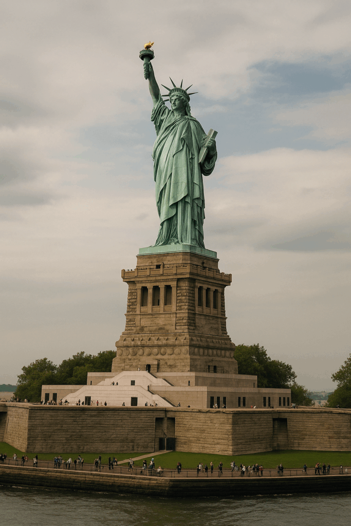 Statue of Liberty standing tall with cloudy sky in the background