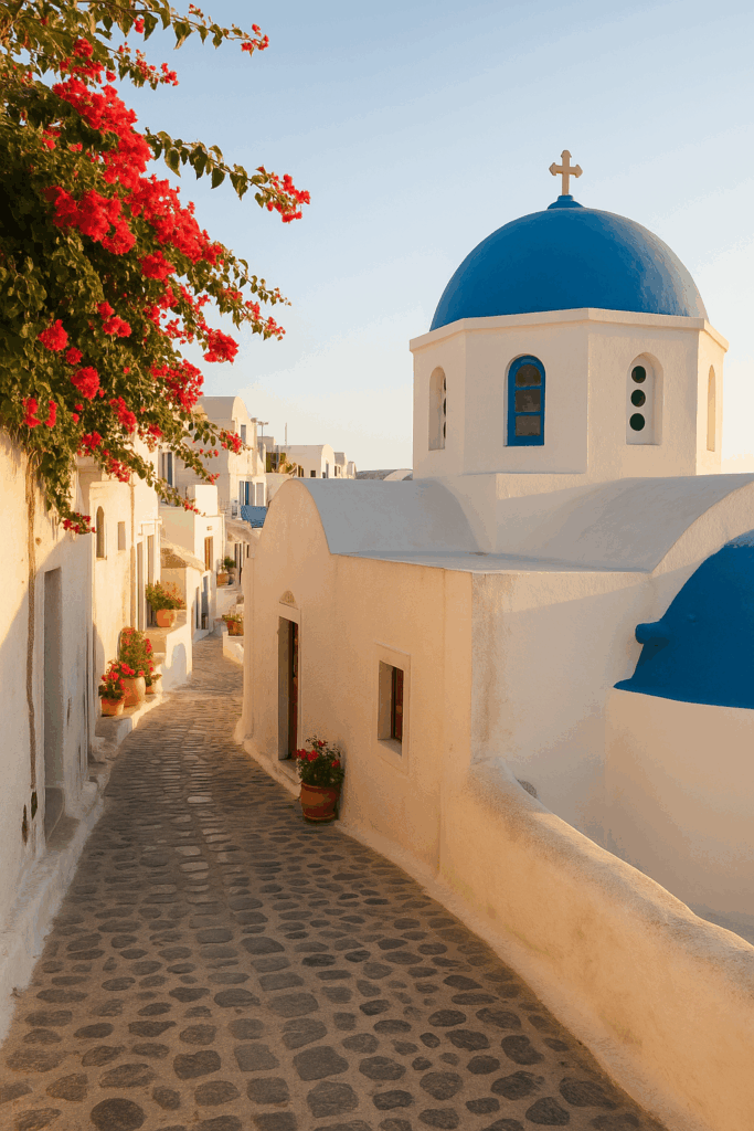 Narrow alleyway in Oia lined with whitewashed houses and flowers
