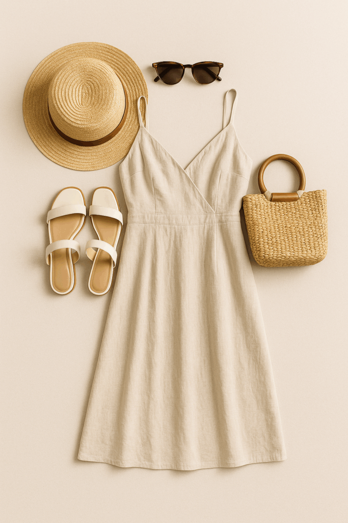 A collection of Rome travel accessories including a straw sunhat, crossbody bag, sandals, and round sunglasses, laid out in warm tones.