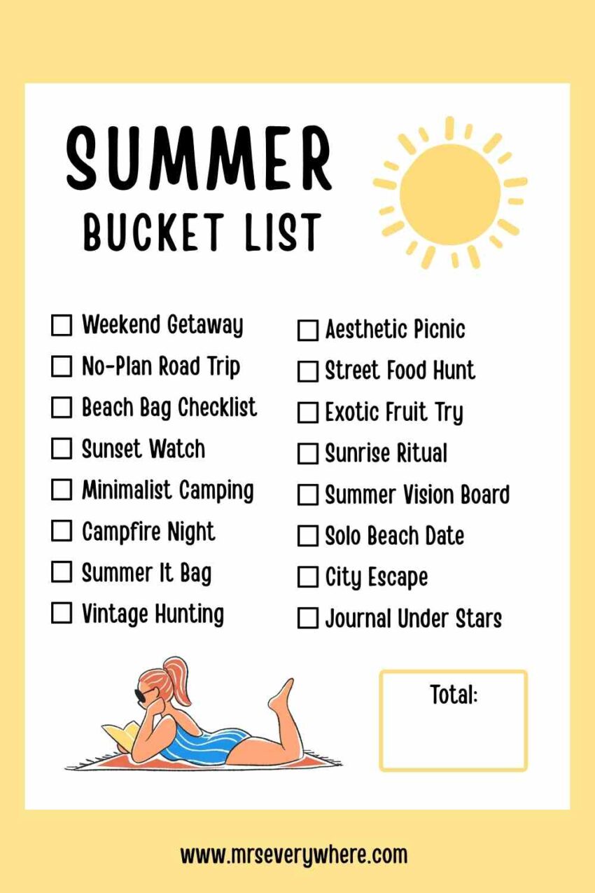 Illustrated printable summer bucket list checklist for 2025 featuring aesthetic and travel-inspired activities like sunset watch, camping, and solo beach dates.