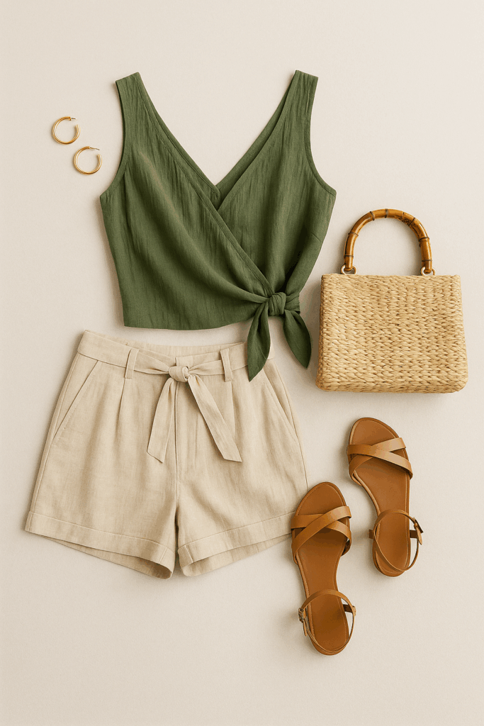 A top-down flatlay of a neutral-toned travel outfit with sandals, bag, and accessories โ minimalist and versatile.