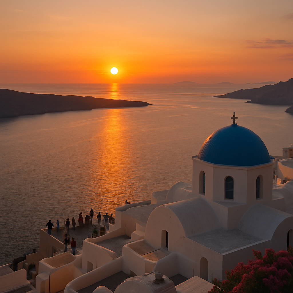 Panoramic sunset view over the Santorini caldera