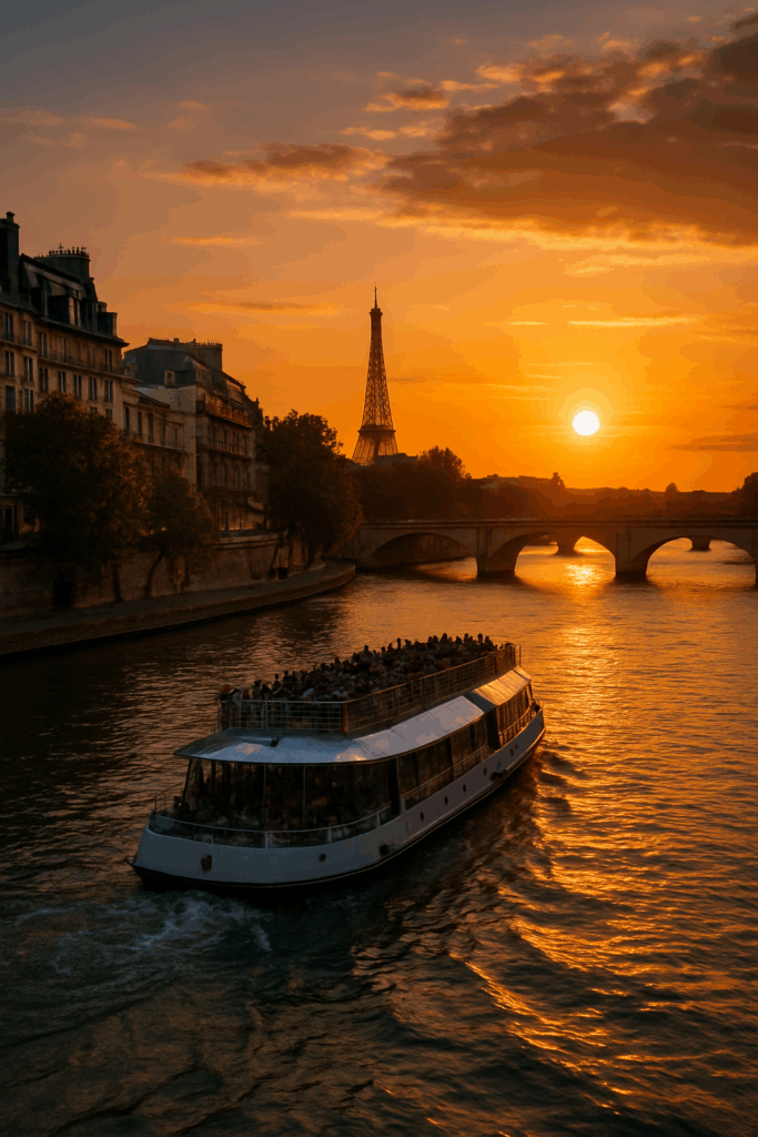 Sunset view from a boat on the Seine River with Eiffel Tower in the distance