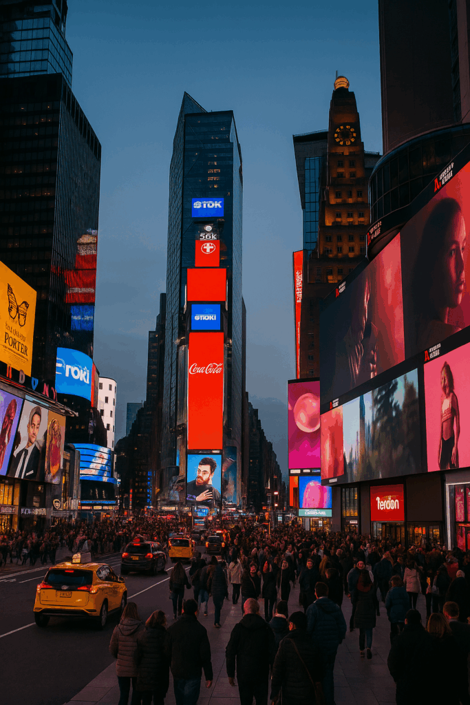 Bright lights and billboards of Times Square at night