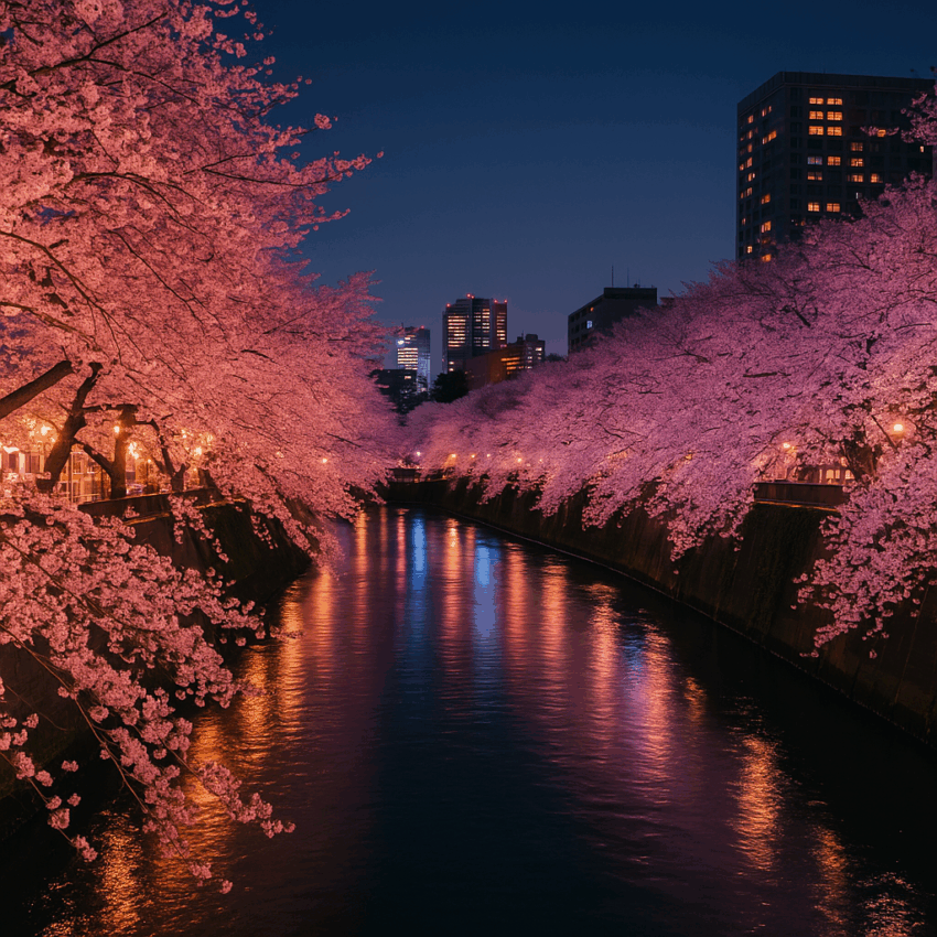 Night view of cherry blossoms (sakura) blooming along a calm river in Tokyo, illuminated by soft city lights, capturing springtime beauty in Japan.