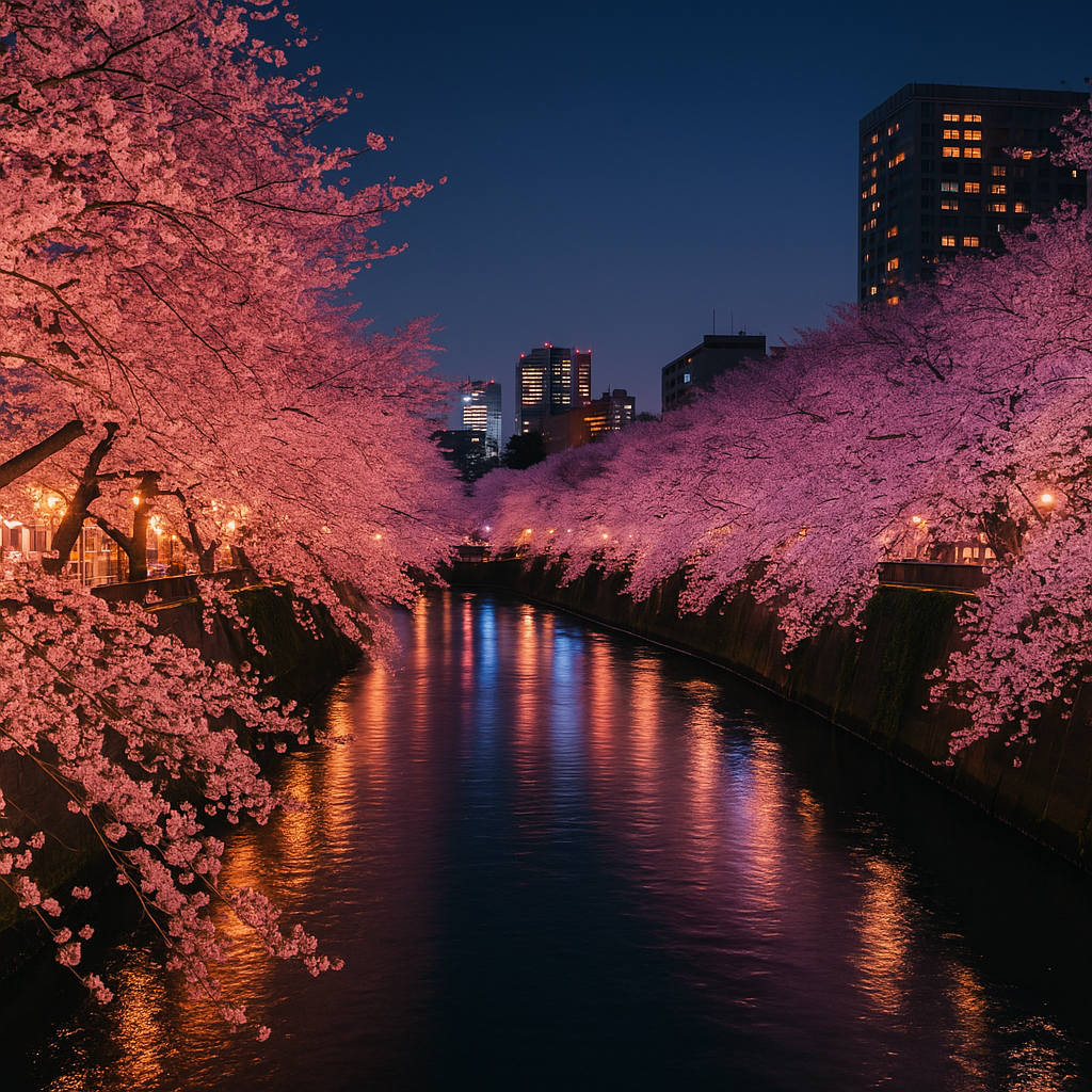 Night view of cherry blossoms (sakura) blooming along a calm river in Tokyo, illuminated by soft city lights, capturing springtime beauty in Japan.