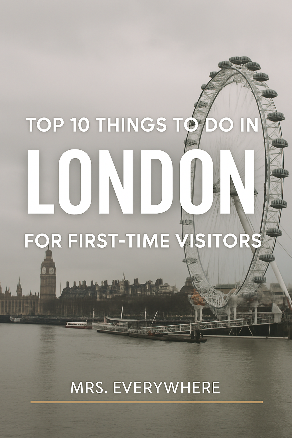London Eye and Big Ben seen from across the River Thames with overlaid travel text: “Top 10 Things to Do in London for First-Time Visitors”.