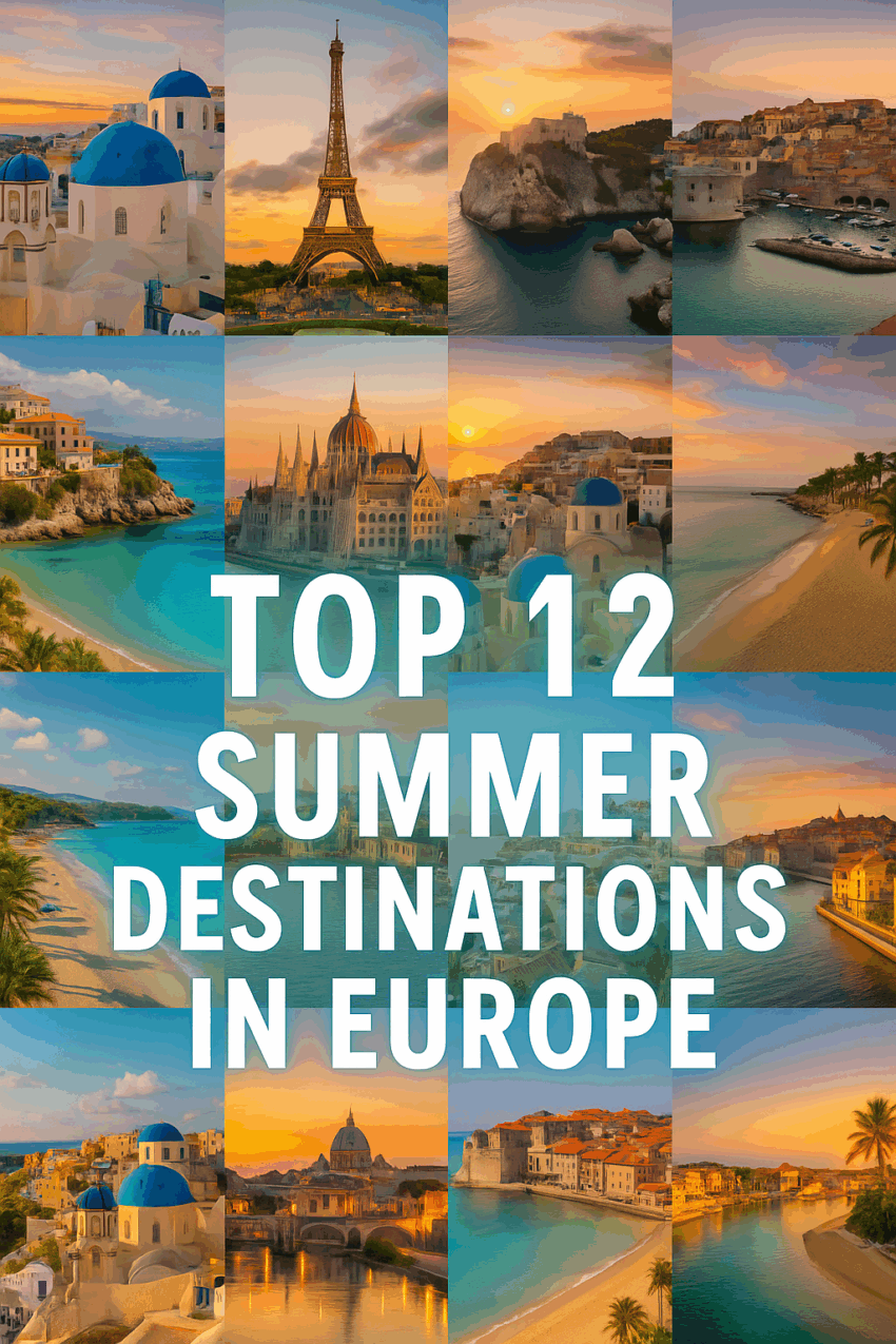 A travel collage poster showcasing twelve popular summer destinations in Europe, with a neon title overlay reading “Top 12 Summer Destinations in Europe.”