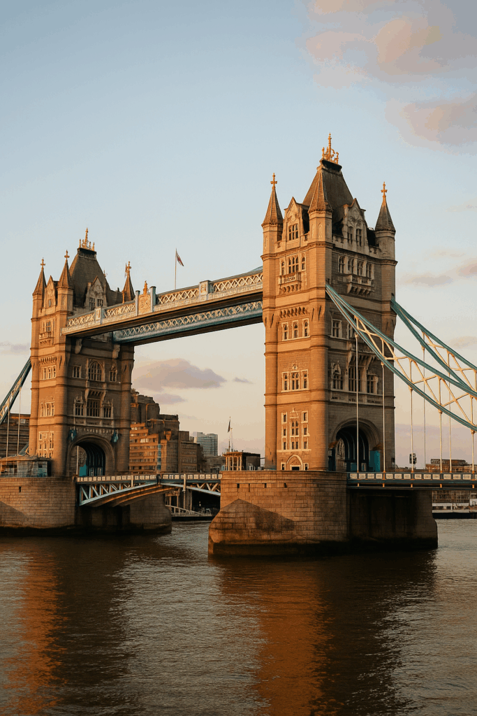 Tower Bridge in London illuminated by golden hour light, with its iconic twin towers reflected on the River Thames.