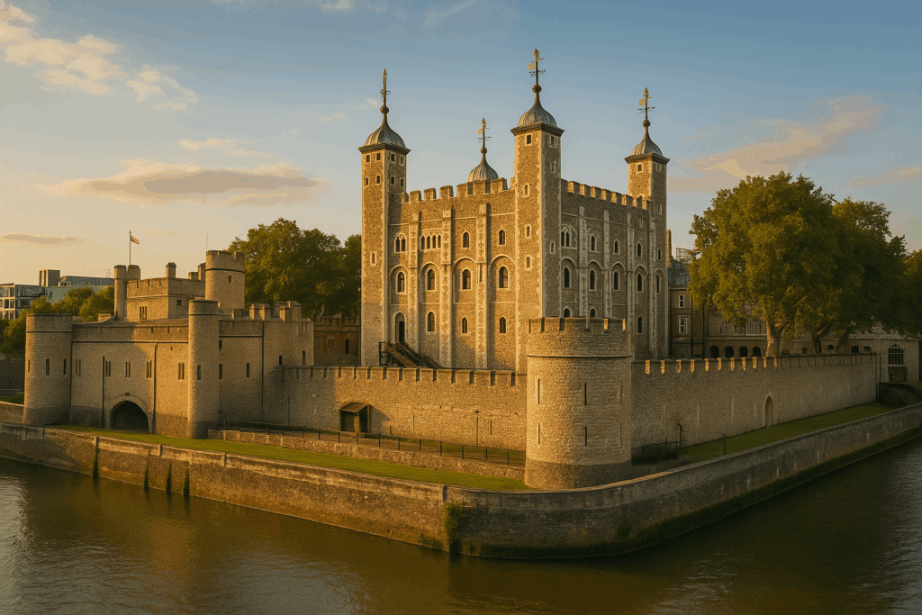 The historic Tower of London with its medieval architecture and surrounding moat.