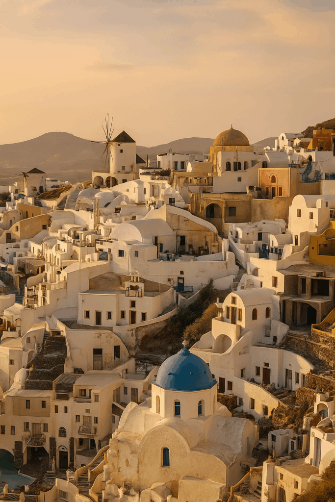 Whitewashed houses and windmill in a traditional Santorini village
