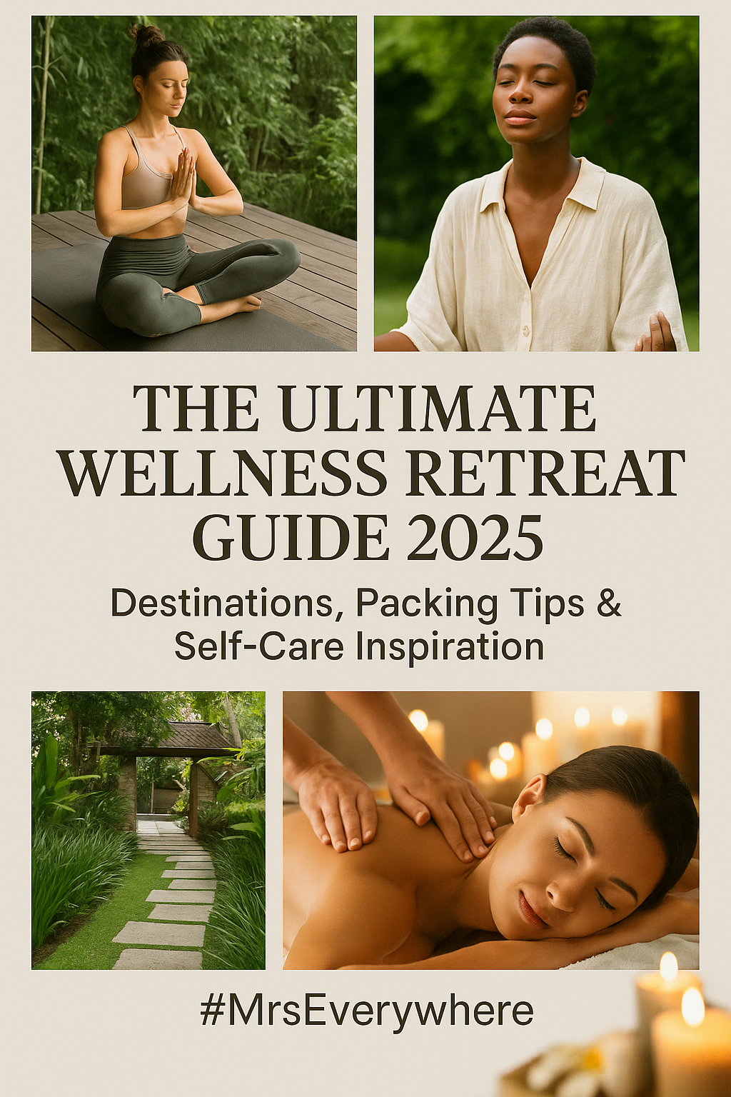 Aesthetic collage showcasing serene wellness retreat elements such as yoga, meditation, nature paths, and spa scenes—capturing the essence of mindful travel and self-care in 2025.