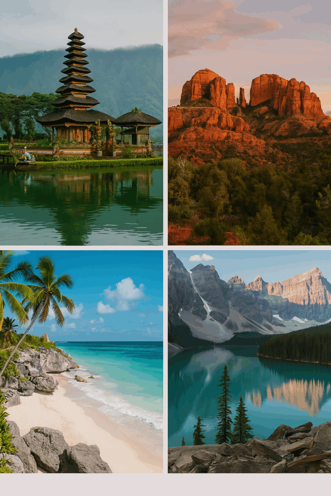 A collage of five serene destinations perfect for wellness retreats in 2025, including a temple in Ubud (Bali), red rock formations in Sedona (Arizona), a tropical beach in Tulum (Mexico), alpine lakes in British Columbia (Canada), and the sunlit cliffs of Algarve (Portugal).